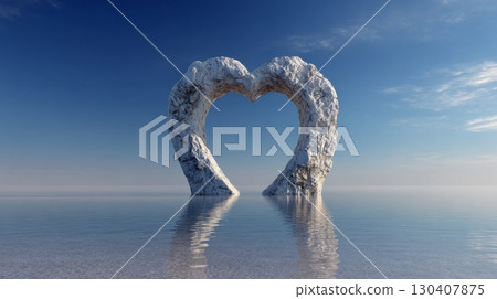 Heart-shaped rock formation over calm sea under clear blue sky, serene beauty 130407875