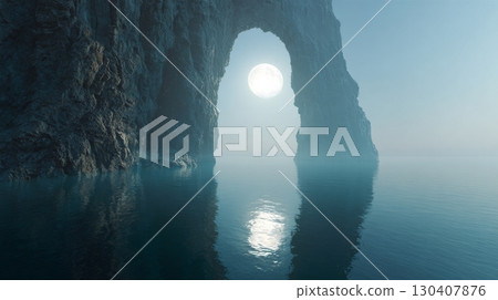 Moonlit sea cave with serene water and misty atmosphere during night 130407876