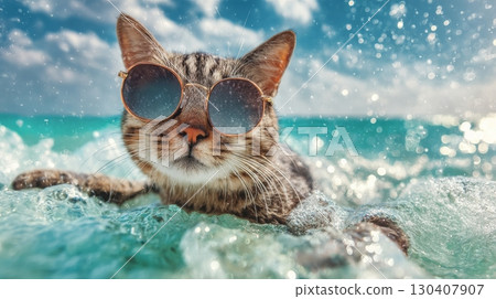 Cat wearing sunglasses enjoying the ocean waves with a blue sky backdrop Cat wearing sunglasses enjoying the ocean waves with a blue sky backdrop 130407907