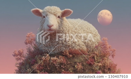 Sheep resting on floral hill at sunset with full moon, 3d digital art 130407910