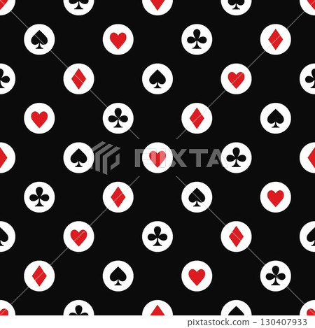 Seamless geometric pattern with card suits icons in small white circles. Polka dot ornament. Diagonal arrangement of hearts, clubs, spades, diamonds symbols. Gambling, casino theme 130407933