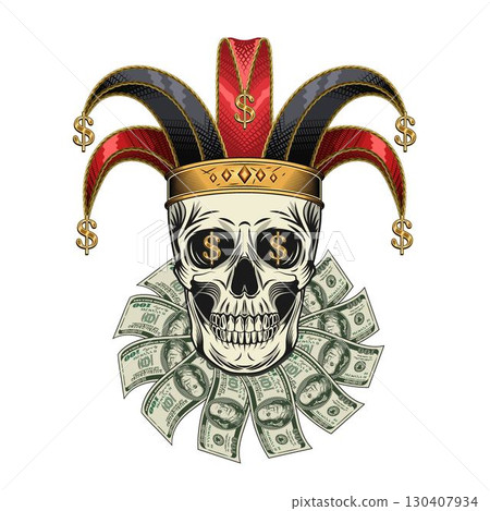 Joker, jester skull in harlequin hat with golden dollar signs. Under skull is frill, jabot made with 100 US dollar bills. Concept of luck, win jackpot. 130407934