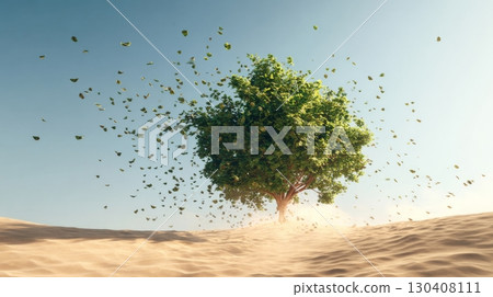 Lone tree in the desert with swirling leaves under a clear blue sky, conceptual art Lone tree in the desert with swirling leaves under a clear blue sky, conceptual art 130408111