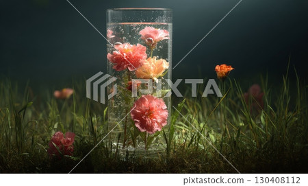 Vibrant flowers submerged in glass vase on dewy grass in mystical lighting Vibrant flowers submerged in glass vase on dewy grass in mystical lighting 130408112