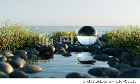 Reflective sphere on rocky shoreline with calm sea under blue sky 130408113
