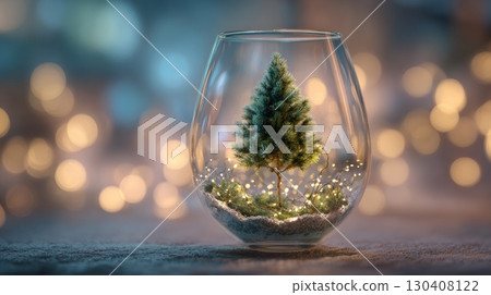 Miniature christmas tree in glass with soft bokeh background, festive decor 130408122
