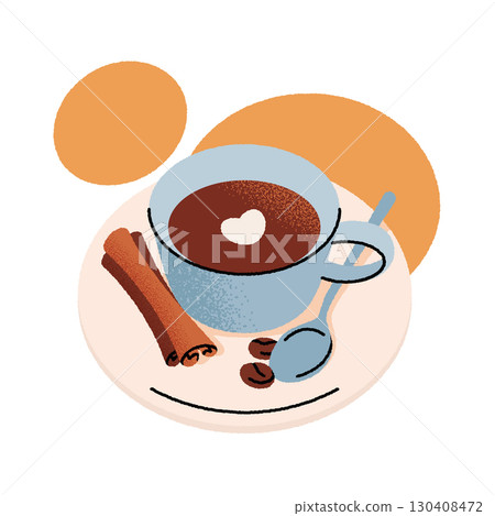 Flat lay composition with a cup of coffee on a saucer, accompanied by a teaspoon, coffee beans, and cinnamon sticks. Minimalist style, top view. Flat lay composition with a cup of coffee on a saucer, accompanied by a teaspoon, coffee beans, and cinnamon sticks. Minimalist style, top view. 130408472
