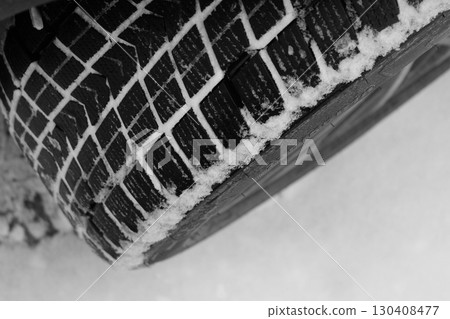 Closeup Photo Of Packed With Snow Contact Patch Of Non Studded Car Tire Closeup Photo Of Packed With Snow Contact Patch Of Non Studded Car Tire 130408477