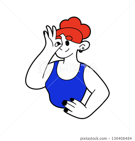 Positive female character showing OK sign, expressing approval and agreement. Positive female character showing OK sign, expressing approval and agreement. 130408484