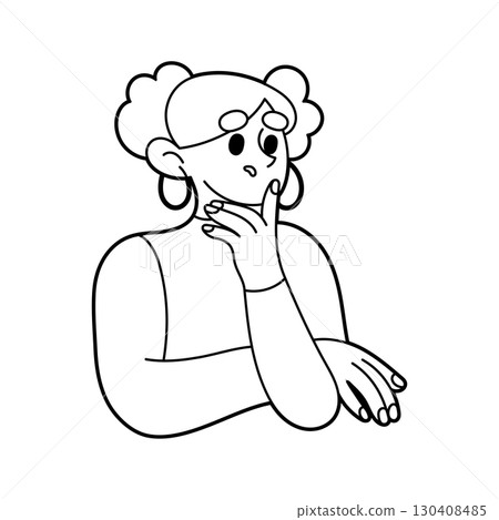Modern flat illustration of a fashionable stylish girl who thinks, reflects, doubts, evaluates, listens attentively. Illustration for web design and advertising. Modern flat illustration of a fashionable stylish girl who thinks, reflects, doubts, evaluates, listens attentively. Illustration for web design and advertising. 130408485