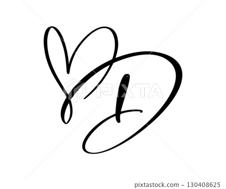 Hand drawn vector calligraphy love letter D. Vintage heart monogram. Script capital font logo. Handwritten brush style. element Valentine flourish. sign for page decoration design illustration 130408625