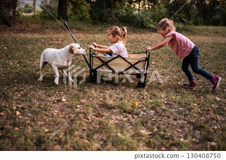 Two little twin sisters pushing dog in wagon at park Two little twin sisters pushing dog in wagon at park 130408750