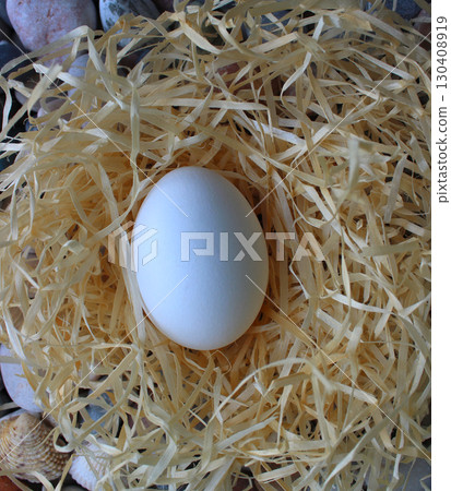 Closeup View Of Single White Egg In A Straw Nest On A Stones Square Stock Photo Closeup View Of Single White Egg In A Straw Nest On A Stones Square Stock Photo 130408919