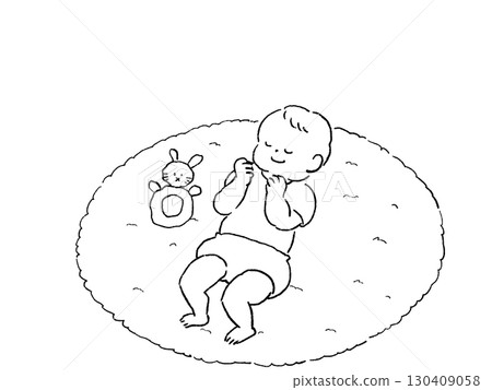 Child sleeping on a mat, baby, rattle, toy, line drawing Child sleeping on a mat, baby, rattle, toy, line drawing 130409058