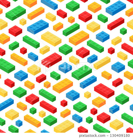 Seamless pattern of colorful isometric illustration of scattered plastic toy building blocks in red, green, blue, orange, and yellow in various sizes and shapes, on a white background. Seamless pattern of colorful isometric illustration of scattered plastic toy building blocks in red, green, blue, orange, and yellow in various sizes and shapes, on a white background. 130409180