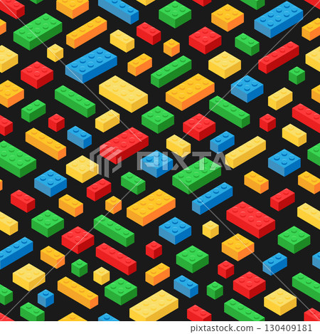 Seamless pattern of colorful isometric illustration of scattered plastic toy building blocks in red, green, blue, orange, and yellow in various sizes and shapes, on a black background. Seamless pattern of colorful isometric illustration of scattered plastic toy building blocks in red, green, blue, orange, and yellow in various sizes and shapes, on a black background. 130409181