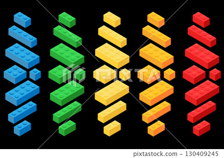 Isometric illustration of colorful plastic toy building blocks arranged in vertical columns by color, grouped into blue, green, yellow, orange, and red, each showing different sizes and shapes. Isometric illustration of colorful plastic toy building blocks arranged in vertical columns by color, grouped into blue, green, yellow, orange, and red, each showing different sizes and shapes. 130409245
