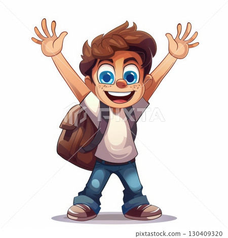 A boy cartoon character with brown hair and a jacket stands with a backpack, waving cheerfully. 130409320
