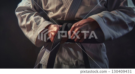 A person wearing a white dress, tied with a textile knot, adorns their neck with a delicate bow and ribbon in a close-up shot of an indoor setting 130409431