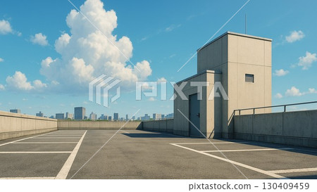屋頂停車場的景色,夏天的天空和白雲 屋頂停車場的景色,夏天的天空和白雲 130409459