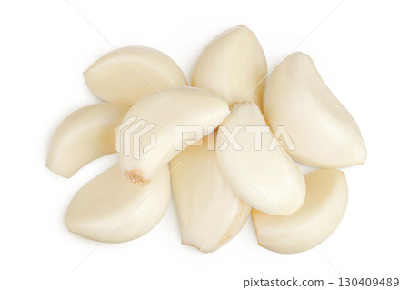 garlic cloves isolated on white background close up. Top view. Flat lay. 130409489