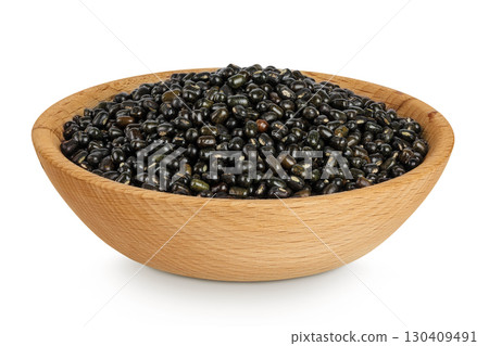 Black bean or Urad dal, black gram, vigna mungo in wooden bowl isolated on the white background 130409491