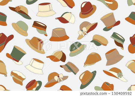 Seamless pattern of different types of hats such as bucket hats, baseball caps, sun hats with bows and flowers, fedoras, wide-brimmed sun hats, and visors, in various earth colors mix. Seamless pattern of different types of hats such as bucket hats, baseball caps, sun hats with bows and flowers, fedoras, wide-brimmed sun hats, and visors, in various earth colors mix. 130409592
