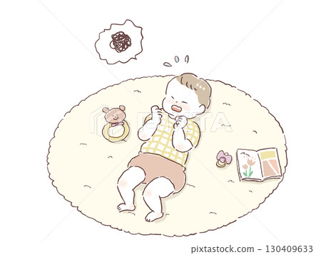 哭泣,孩子,嬰兒,撥浪鼓,玩具,圖畫書,墊子上的奶嘴 哭泣,孩子,嬰兒,撥浪鼓,玩具,圖畫書,墊子上的奶嘴 130409633