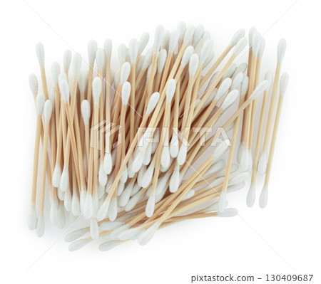 Eco friendly cotton swabs with wooden sticks isolated on transparent background, top view. Cosmetic hygiene, personal care product for zero waste lifestyle and sustainable beauty. Full focus photo 130409687