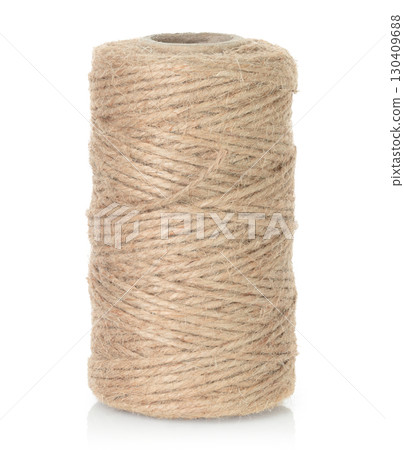 Jute burlap twine spool isolated on transparent background. Natural fiber for eco and zero waste packaging, craft and DIY, gardening, rustic decor and branding mockup. Full focus photo 130409688