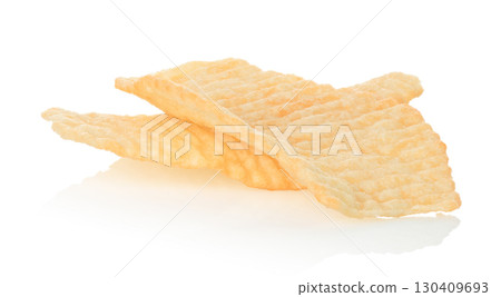 Small pile of potato chips isolated on transparent background. Crispy salted snack food for fast food, junk food, party and leisure, packaging mockup and advertising template. Full focus photo 130409693