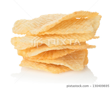 Small pile of potato chips isolated on transparent background. Crispy salted snack food for fast food, junk food, party and leisure, packaging mockup and advertising template. Full focus photo Small pile of potato chips isolated on transparent background. Crispy salted snack food for fast food, junk food, party and leisure, packaging mockup and advertising template. Full focus photo 130409695