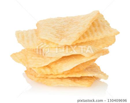 Small pile of potato chips isolated on transparent background. Crispy salted snack food for fast food, junk food, party and leisure, packaging mockup and advertising template. Full focus photo 130409696