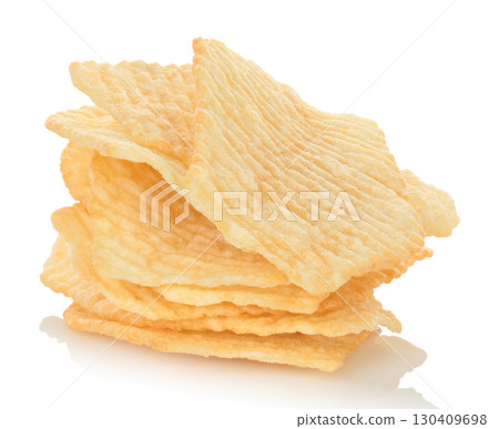 Small pile of potato chips isolated on transparent background. Crispy salted snack food for fast food, junk food, party and leisure, packaging mockup and advertising template. Full focus photo 130409698
