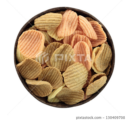 Coconut shell bowl filled with assorted vegetable chips isolated on transparent background, top view. Eco friendly natural tableware, vegan and organic snack food. Full focus photo 130409708