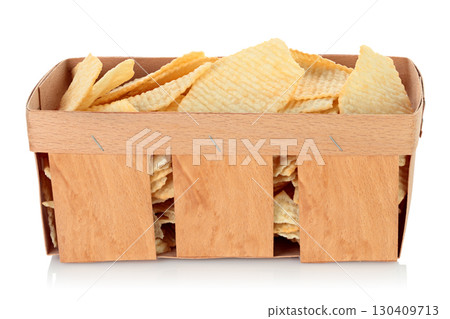 Wooden plywood tray filled with potato chips isolated on transparent background. Eco friendly natural packaging for snack food, fast food and junk food, and mockup template. Full focus photo Wooden plywood tray filled with potato chips isolated on transparent background. Eco friendly natural packaging for snack food, fast food and junk food, and mockup template. Full focus photo 130409713