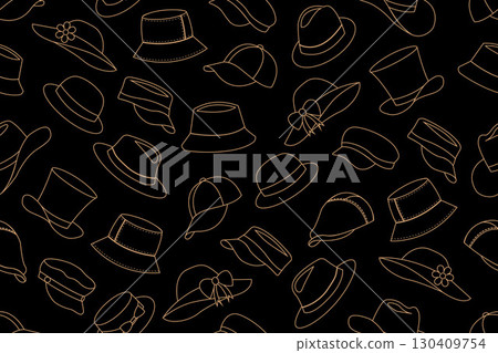 Seamless pattern of gold outlines of different types of hats such as bucket hats, baseball caps, sun hats with bows and flowers, fedoras, wide-brimmed sun hats, and visors, on black background. Seamless pattern of gold outlines of different types of hats such as bucket hats, baseball caps, sun hats with bows and flowers, fedoras, wide-brimmed sun hats, and visors, on black background. 130409754