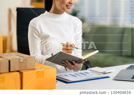 woman do online checklist survey, doing assessment online survey answer test questions Digital form. 130409839