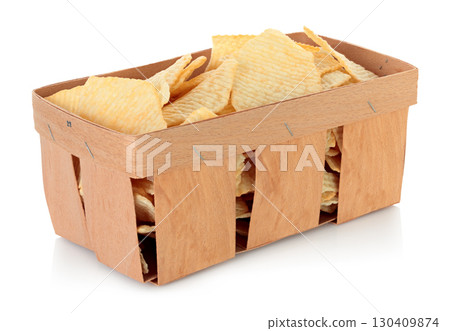 Potato chips in thin plywood wooden tray for fruits, isolated on transparent background, full focus stacking for sharp texture and detail 130409874