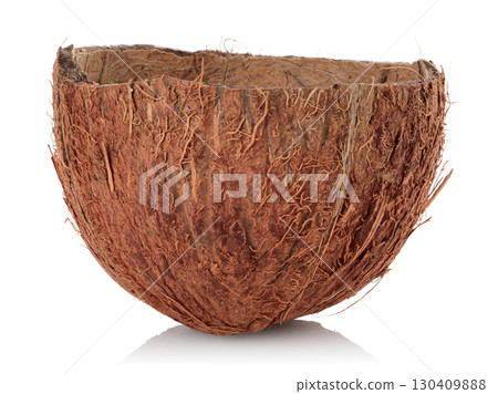Half coconut shell with hard husk, empty inside, usable as a bowl, isolated on transparent background, full focus stacking for sharp natural detail 130409888