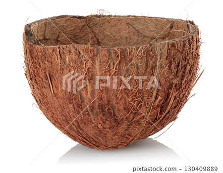 Half coconut shell with hard husk, empty inside, usable as a bowl, isolated on transparent background, full focus stacking for sharp natural detail Half coconut shell with hard husk, empty inside, usable as a bowl, isolated on transparent background, full focus stacking for sharp natural detail 130409889