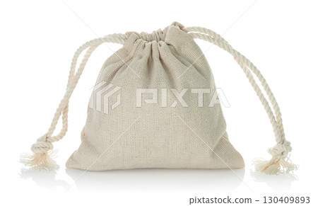 Closed cotton pouch tied with drawstrings, isolated on transparent background, full focus stacking for sharp texture and clear detail Closed cotton pouch tied with drawstrings, isolated on transparent background, full focus stacking for sharp texture and clear detail 130409893