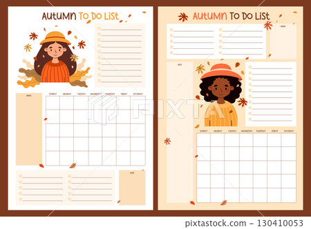 Autumn Female Planner. Diverse Woman with Fall Leaves. Organizer for Calendar Month, To-Do list, Note, memo. Isolated Seasonal Vertical printable Template. Vector illustration. Kids collection. Not AI Autumn Female Planner. Diverse Woman with Fall Leaves. Organizer for Calendar Month, To-Do list, Note, memo. Isolated Seasonal Vertical printable Template. Vector illustration. Kids collection. Not AI 130410053