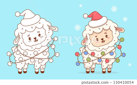 Cute Christmas Sheep in Santa Hat with Festive Garland set. Outline Line and Color drawing, Coloring book. Isolated Funny New Year Farm Animal. Vector illustration. Kids collection. Not AI 130410054