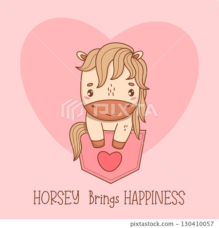 Cute Little Horse in Pocket with Heart. Adorable Pony Kawaii Animal on Pink Background. Cool Romantic holiday card valentine with slogan. Vector illustration. Kids collection. Not AI 130410057