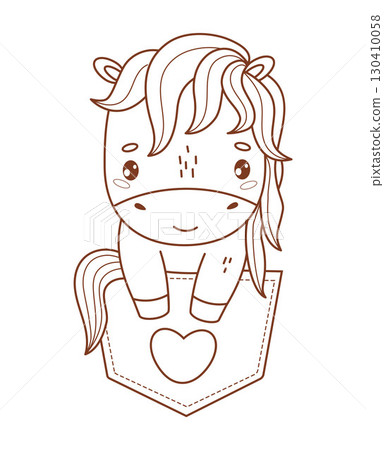 Outline Little Horse in Pocket with Heart. Cute Romantic Pony Kawaii Animal. Line drawing, coloring page. Vector illustration. Kids collection. Not AI 130410058