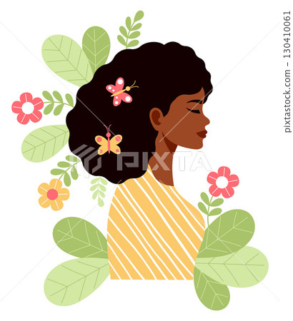 Summer Ethnic Black Woman with Flowers, Butterflies and Leaves. Female Profile Portrait seasonal character on White Background. Vector illustration for poster, banner, card, design. Not AI 130410061