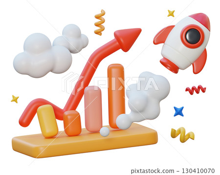 cartoon style upward graph and rocket 3D graphic 130410070