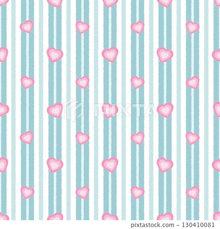A seamless pattern with vertical blue and white stripes decorated with scattered pink hearts. Can be used for Valentine Day, gift wrap, textiles, wallpapers, and cute decorative projects. 130410081