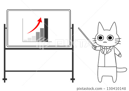 身穿西裝的貓咪商業人物解釋成長圖表 | 貓咪、西裝、商業、圖表、成長、示範 130410148